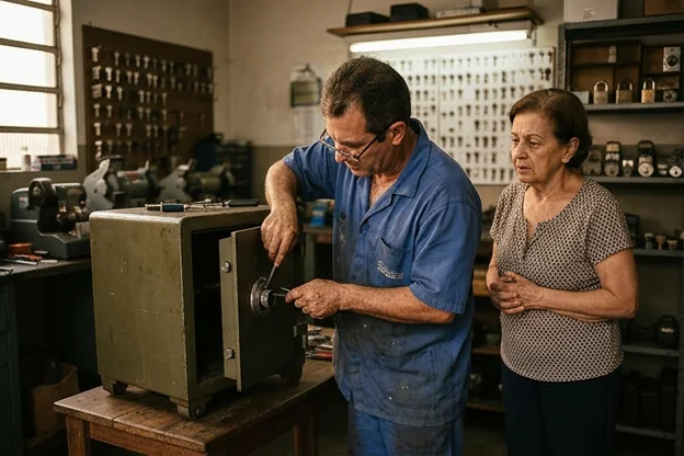 Chaveiro abrindo um cofre com um cliente em Poá.